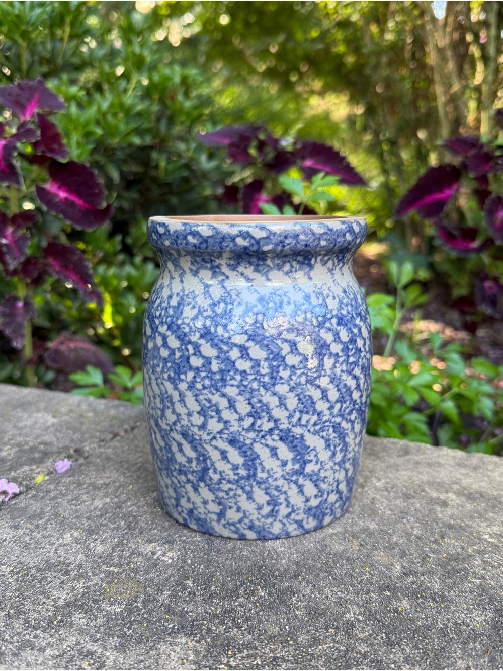 VTG Beaumont Brothers Pottery BBP Crock Vase 5.5” 1996 Blue Spongeware Stoneware